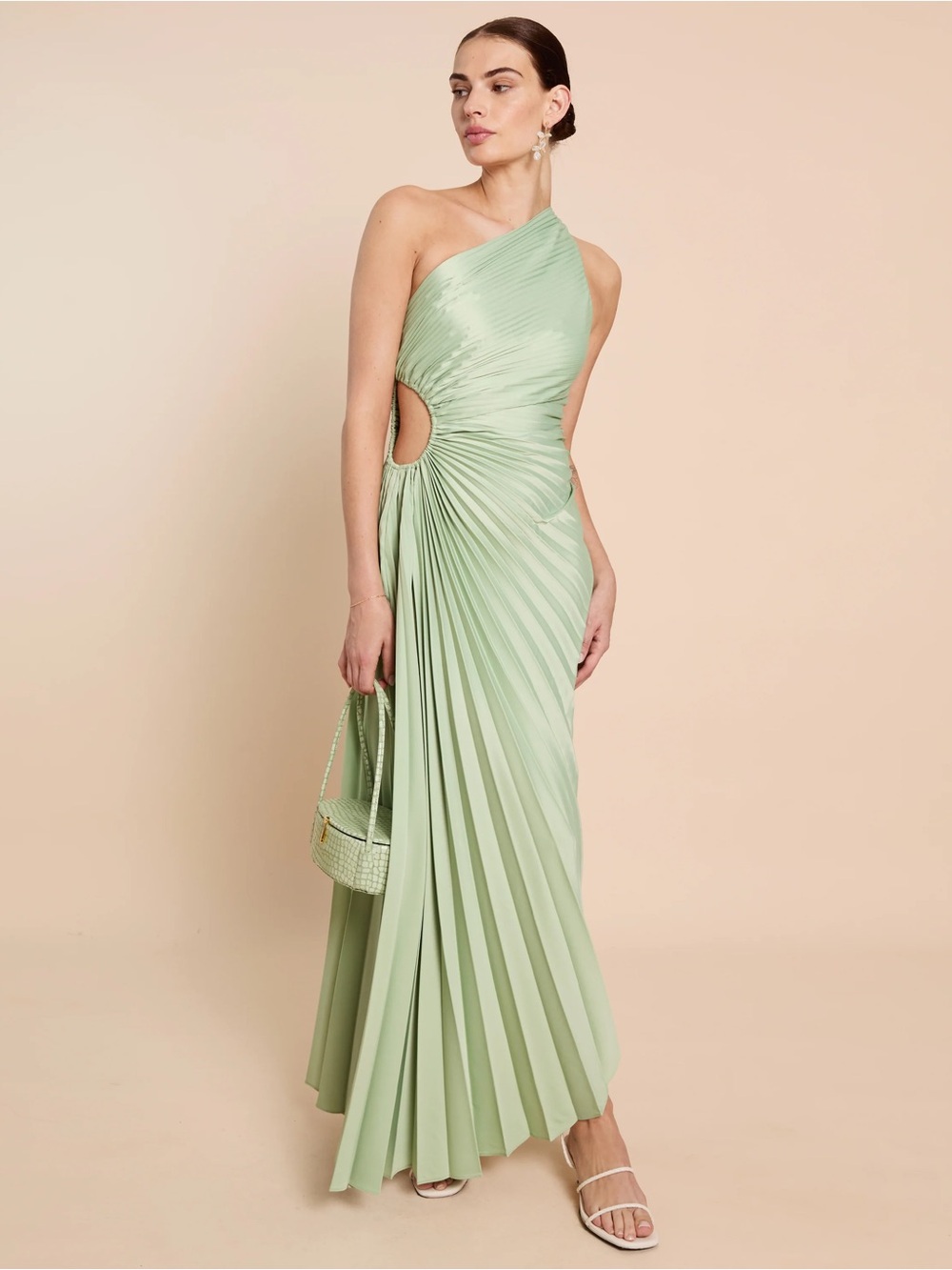 o.p.t Perko Dress Elegant One-Shoulder Pleated Maxi Dress in Mint Green size S